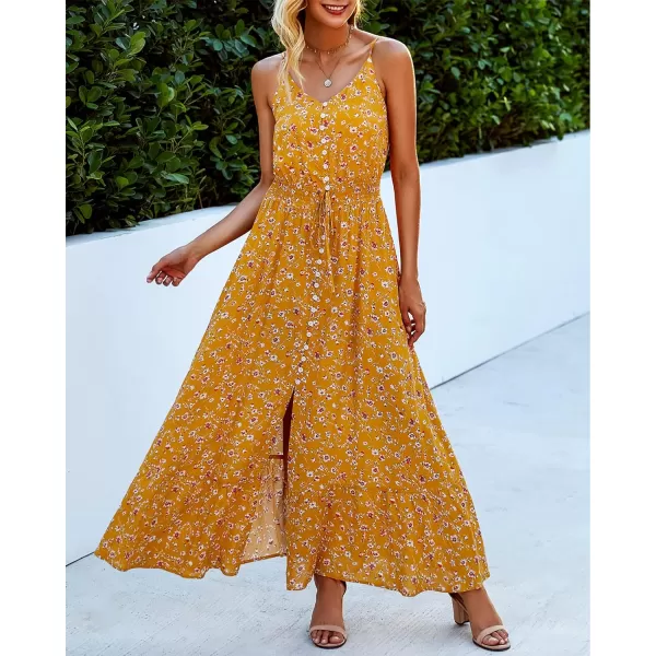imageBTFBM Women 2023 Summer Spaghetti Strap V Neck Dress Polka Dot Floral Button Down Slit Sleeveless ALine Maxi DressesFloral Yellow