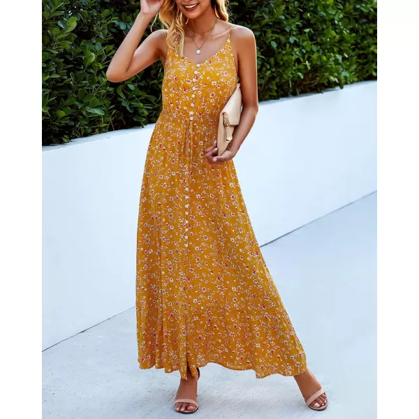 imageBTFBM Women 2023 Summer Spaghetti Strap V Neck Dress Polka Dot Floral Button Down Slit Sleeveless ALine Maxi DressesFloral Yellow