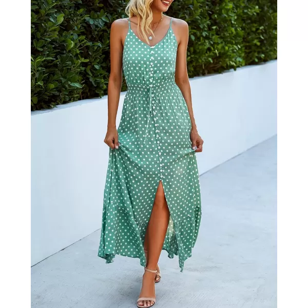 imageBTFBM Women 2023 Summer Spaghetti Strap V Neck Dress Polka Dot Floral Button Down Slit Sleeveless ALine Maxi DressesPolka Dot Light Green