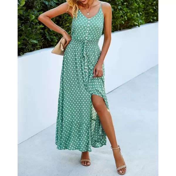 imageBTFBM Women 2023 Summer Spaghetti Strap V Neck Dress Polka Dot Floral Button Down Slit Sleeveless ALine Maxi DressesPolka Dot Light Green
