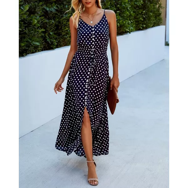 imageBTFBM Women 2023 Summer Spaghetti Strap V Neck Dress Polka Dot Floral Button Down Slit Sleeveless ALine Maxi DressesPolka Dot Navy