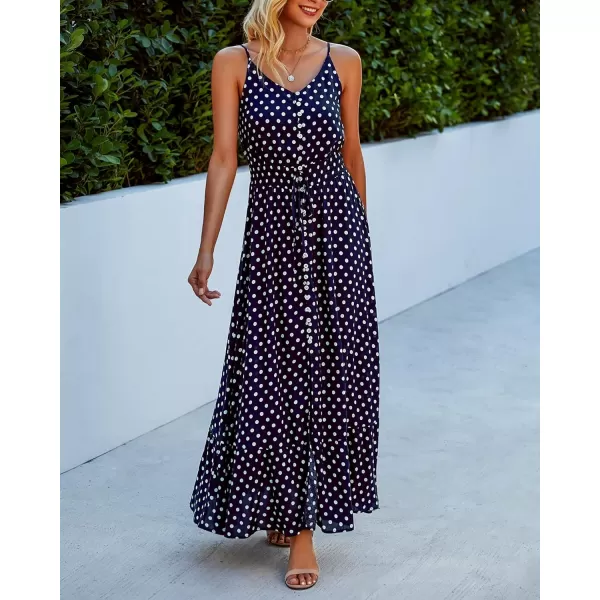imageBTFBM Women 2023 Summer Spaghetti Strap V Neck Dress Polka Dot Floral Button Down Slit Sleeveless ALine Maxi DressesPolka Dot Navy
