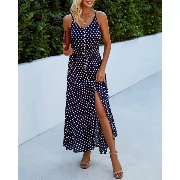 imageBTFBM Women 2023 Summer Spaghetti Strap V Neck Dress Polka Dot Floral Button Down Slit Sleeveless ALine Maxi DressesPolka Dot Navy