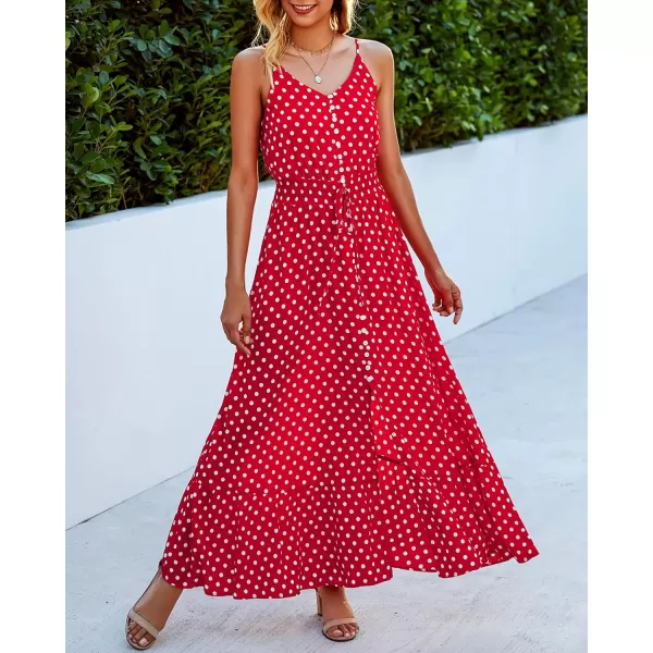 imageBTFBM Women 2023 Summer Spaghetti Strap V Neck Dress Polka Dot Floral Button Down Slit Sleeveless ALine Maxi DressesPolka Dot Red