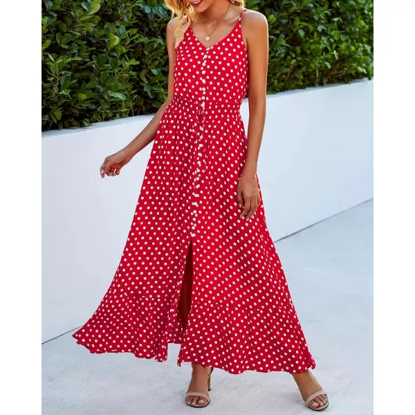 imageBTFBM Women 2023 Summer Spaghetti Strap V Neck Dress Polka Dot Floral Button Down Slit Sleeveless ALine Maxi DressesPolka Dot Red