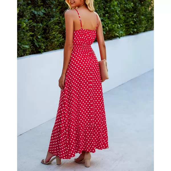 imageBTFBM Women 2023 Summer Spaghetti Strap V Neck Dress Polka Dot Floral Button Down Slit Sleeveless ALine Maxi DressesPolka Dot Red