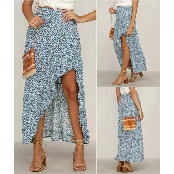 imageBTFBM Women 2023 Summer Spring Boho Long Skirts Dress Floral Print Elastic Waist Split Ruffle High Low Beach Maxi SkirtBlue