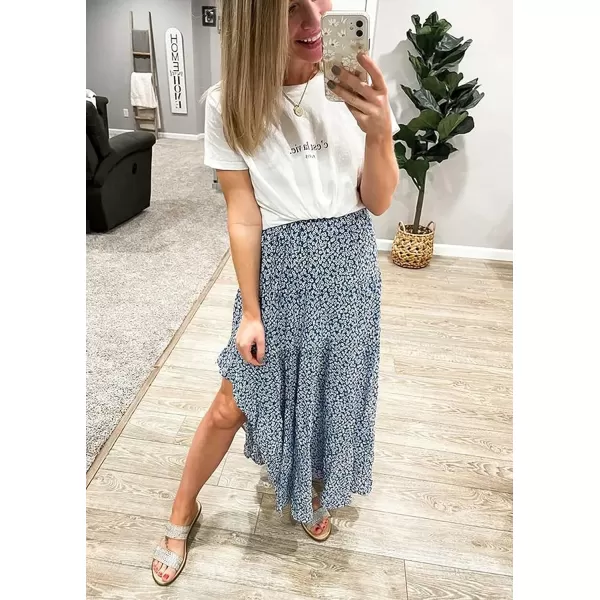 imageBTFBM Women 2023 Summer Spring Boho Long Skirts Dress Floral Print Elastic Waist Split Ruffle High Low Beach Maxi SkirtBlue