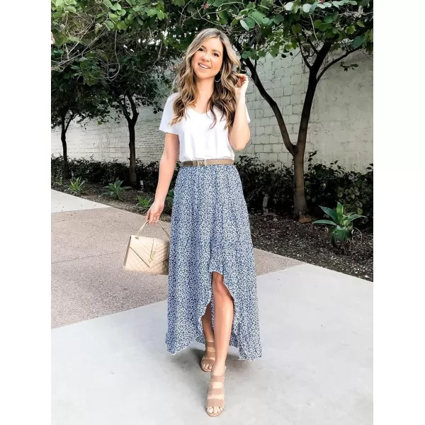 imageBTFBM Women 2023 Summer Spring Boho Long Skirts Dress Floral Print Elastic Waist Split Ruffle High Low Beach Maxi SkirtBlue