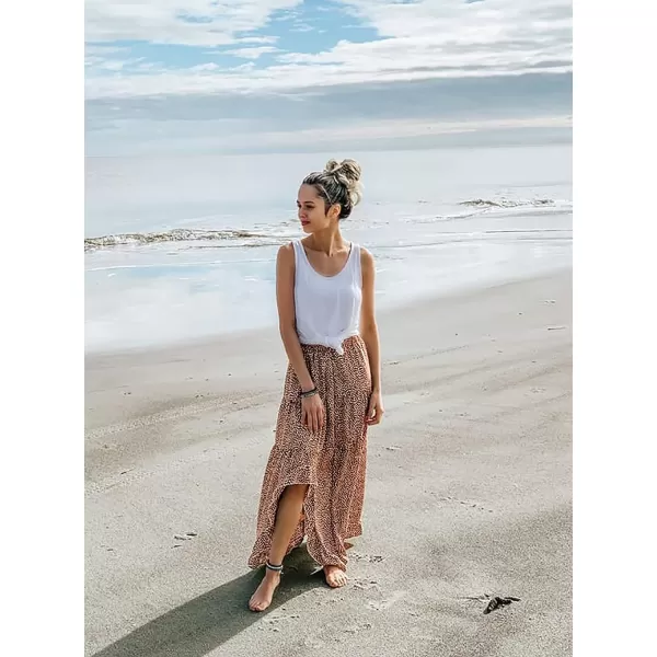 imageBTFBM Women 2023 Summer Spring Boho Long Skirts Dress Floral Print Elastic Waist Split Ruffle High Low Beach Maxi SkirtBrick Red