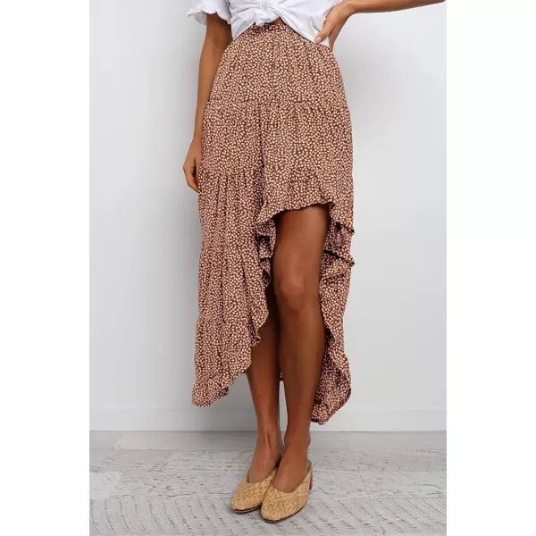 imageBTFBM Women 2023 Summer Spring Boho Long Skirts Dress Floral Print Elastic Waist Split Ruffle High Low Beach Maxi SkirtBrick Red