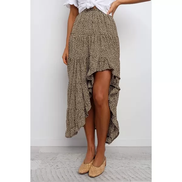 imageBTFBM Women 2023 Summer Spring Boho Long Skirts Dress Floral Print Elastic Waist Split Ruffle High Low Beach Maxi SkirtCoffee
