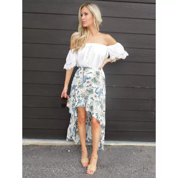 imageBTFBM Women 2023 Summer Spring Boho Long Skirts Dress Floral Print Elastic Waist Split Ruffle High Low Beach Maxi SkirtFloral Beige