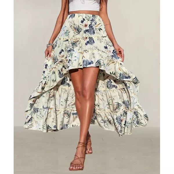 imageBTFBM Women 2023 Summer Spring Boho Long Skirts Dress Floral Print Elastic Waist Split Ruffle High Low Beach Maxi SkirtFloral Beige