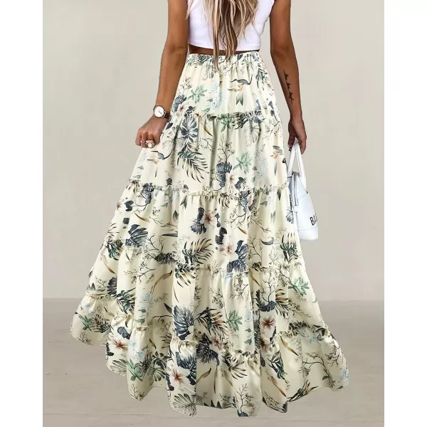 imageBTFBM Women 2023 Summer Spring Boho Long Skirts Dress Floral Print Elastic Waist Split Ruffle High Low Beach Maxi SkirtFloral Beige