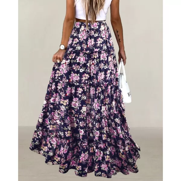 imageBTFBM Women 2023 Summer Spring Boho Long Skirts Dress Floral Print Elastic Waist Split Ruffle High Low Beach Maxi SkirtFloral Bright Blue