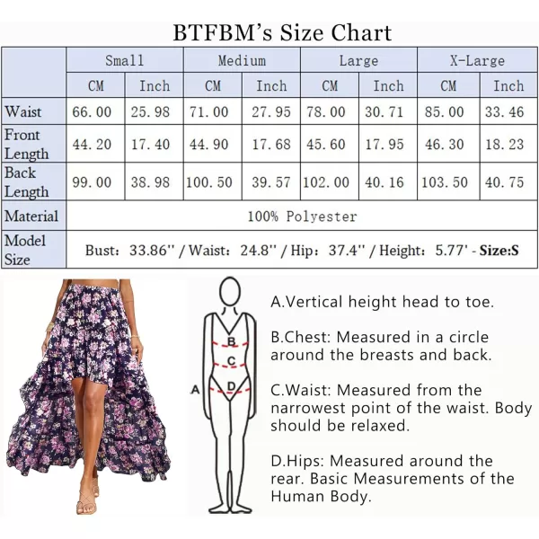 imageBTFBM Women 2023 Summer Spring Boho Long Skirts Dress Floral Print Elastic Waist Split Ruffle High Low Beach Maxi SkirtFloral Bright Blue