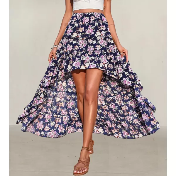 imageBTFBM Women 2023 Summer Spring Boho Long Skirts Dress Floral Print Elastic Waist Split Ruffle High Low Beach Maxi SkirtFloral Bright Blue