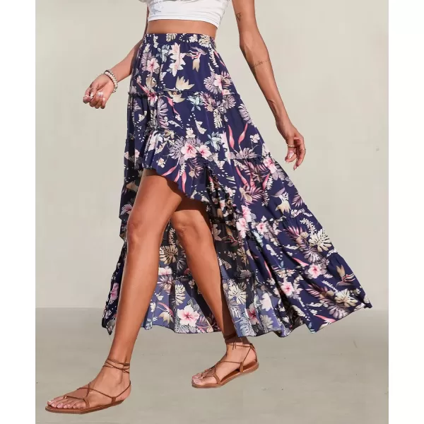imageBTFBM Women 2023 Summer Spring Boho Long Skirts Dress Floral Print Elastic Waist Split Ruffle High Low Beach Maxi SkirtFloral Dark Blue