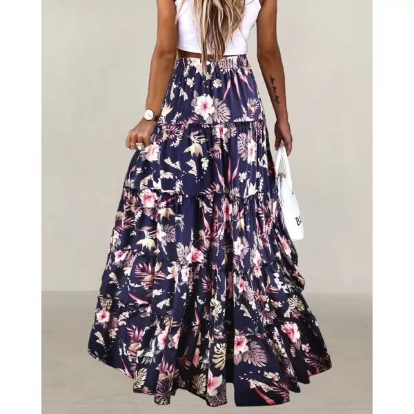 imageBTFBM Women 2023 Summer Spring Boho Long Skirts Dress Floral Print Elastic Waist Split Ruffle High Low Beach Maxi SkirtFloral Dark Blue