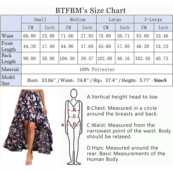 imageBTFBM Women 2023 Summer Spring Boho Long Skirts Dress Floral Print Elastic Waist Split Ruffle High Low Beach Maxi SkirtFloral Dark Blue