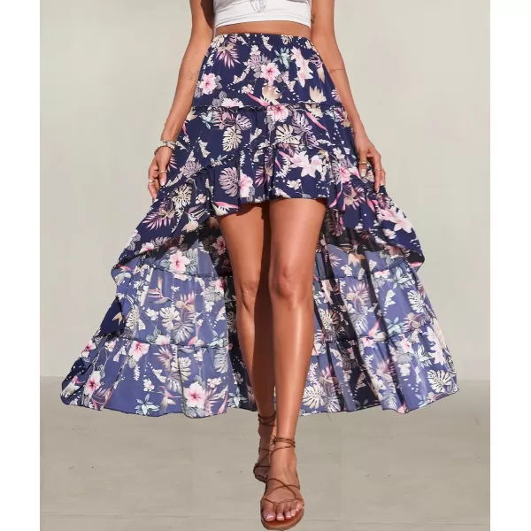 imageBTFBM Women 2023 Summer Spring Boho Long Skirts Dress Floral Print Elastic Waist Split Ruffle High Low Beach Maxi SkirtFloral Dark Blue