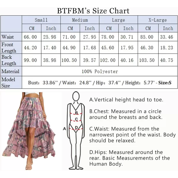 imageBTFBM Women 2023 Summer Spring Boho Long Skirts Dress Floral Print Elastic Waist Split Ruffle High Low Beach Maxi SkirtFloral Dark Pink