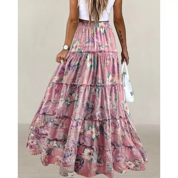 imageBTFBM Women 2023 Summer Spring Boho Long Skirts Dress Floral Print Elastic Waist Split Ruffle High Low Beach Maxi SkirtFloral Dark Pink