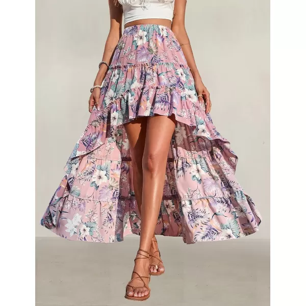 imageBTFBM Women 2023 Summer Spring Boho Long Skirts Dress Floral Print Elastic Waist Split Ruffle High Low Beach Maxi SkirtFloral Dark Pink