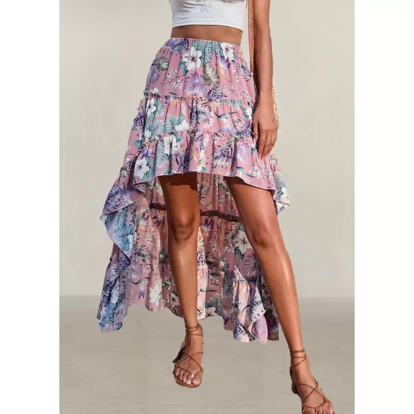 imageBTFBM Women 2023 Summer Spring Boho Long Skirts Dress Floral Print Elastic Waist Split Ruffle High Low Beach Maxi SkirtFloral Dark Pink