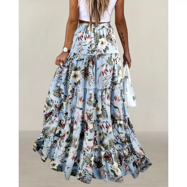 imageBTFBM Women 2023 Summer Spring Boho Long Skirts Dress Floral Print Elastic Waist Split Ruffle High Low Beach Maxi SkirtFloral Light Blue