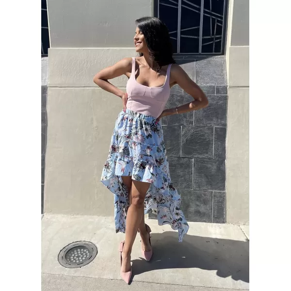 imageBTFBM Women 2023 Summer Spring Boho Long Skirts Dress Floral Print Elastic Waist Split Ruffle High Low Beach Maxi SkirtFloral Light Blue