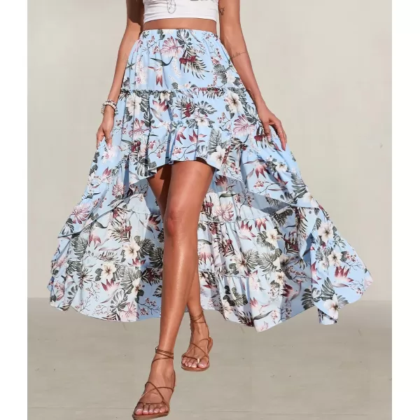 imageBTFBM Women 2023 Summer Spring Boho Long Skirts Dress Floral Print Elastic Waist Split Ruffle High Low Beach Maxi SkirtFloral Light Blue