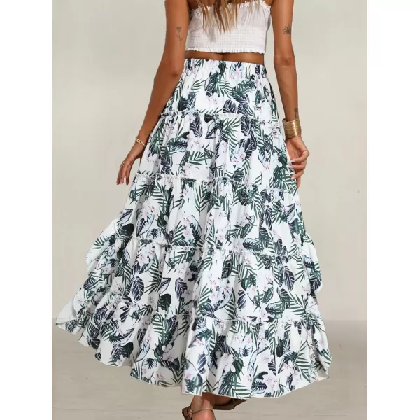 imageBTFBM Women 2023 Summer Spring Boho Long Skirts Dress Floral Print Elastic Waist Split Ruffle High Low Beach Maxi SkirtFloral White