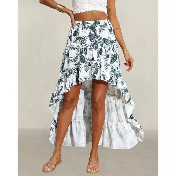 imageBTFBM Women 2023 Summer Spring Boho Long Skirts Dress Floral Print Elastic Waist Split Ruffle High Low Beach Maxi SkirtFloral White