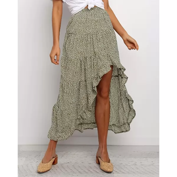 imageBTFBM Women 2023 Summer Spring Boho Long Skirts Dress Floral Print Elastic Waist Split Ruffle High Low Beach Maxi SkirtGreen