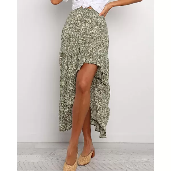 imageBTFBM Women 2023 Summer Spring Boho Long Skirts Dress Floral Print Elastic Waist Split Ruffle High Low Beach Maxi SkirtGreen