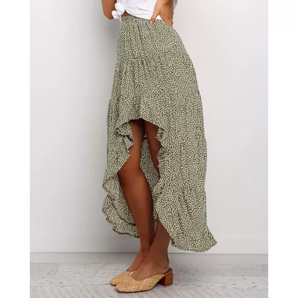 imageBTFBM Women 2023 Summer Spring Boho Long Skirts Dress Floral Print Elastic Waist Split Ruffle High Low Beach Maxi SkirtGreen
