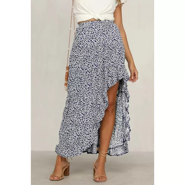 imageBTFBM Women 2023 Summer Spring Boho Long Skirts Dress Floral Print Elastic Waist Split Ruffle High Low Beach Maxi SkirtNavy