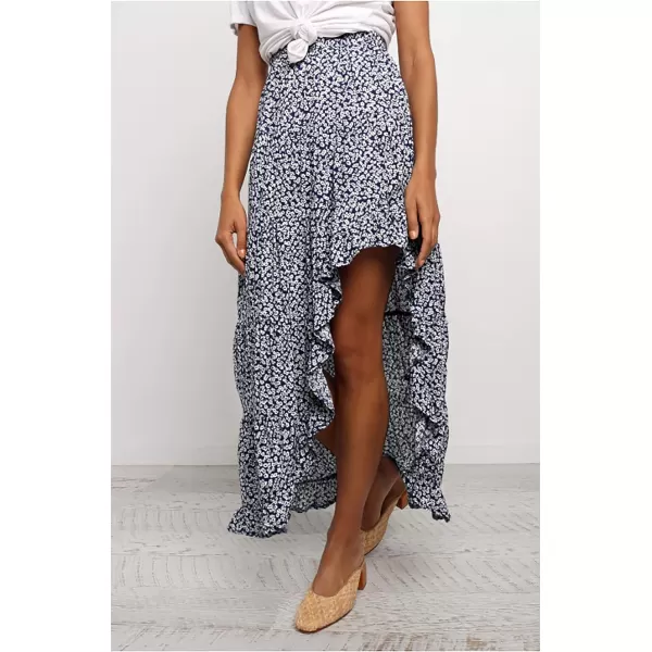 imageBTFBM Women 2023 Summer Spring Boho Long Skirts Dress Floral Print Elastic Waist Split Ruffle High Low Beach Maxi SkirtNavy