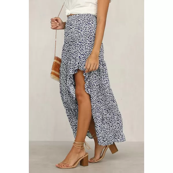 imageBTFBM Women 2023 Summer Spring Boho Long Skirts Dress Floral Print Elastic Waist Split Ruffle High Low Beach Maxi SkirtNavy