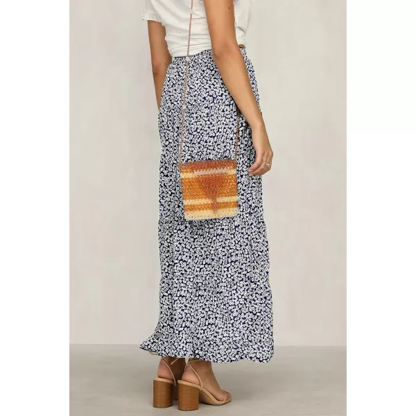 imageBTFBM Women 2023 Summer Spring Boho Long Skirts Dress Floral Print Elastic Waist Split Ruffle High Low Beach Maxi SkirtNavy