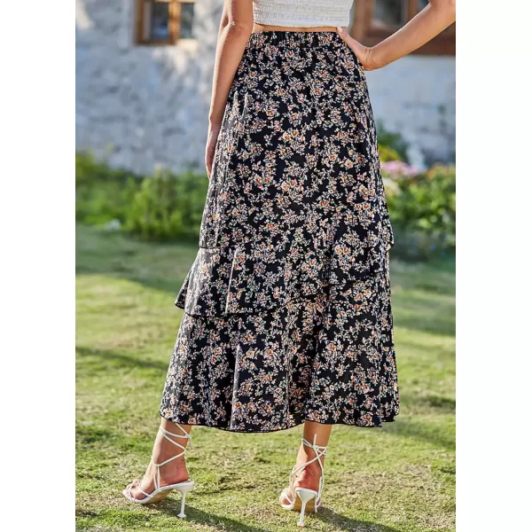imageBTFBM Women 2023 Summer Spring Boho Long Skirts Dress Floral Print Elastic Waist Split Ruffle High Low Beach Maxi SkirtPrint Floral Black