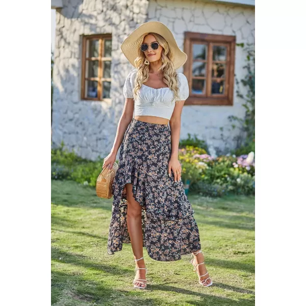 imageBTFBM Women 2023 Summer Spring Boho Long Skirts Dress Floral Print Elastic Waist Split Ruffle High Low Beach Maxi SkirtPrint Floral Black