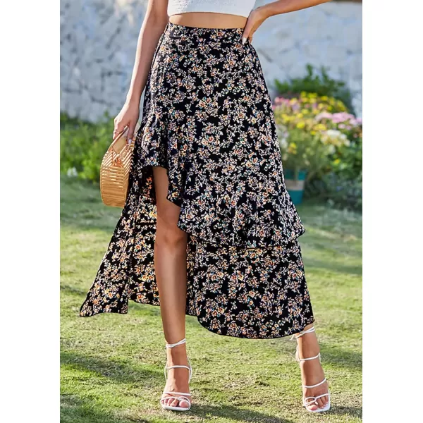 imageBTFBM Women 2023 Summer Spring Boho Long Skirts Dress Floral Print Elastic Waist Split Ruffle High Low Beach Maxi SkirtPrint Floral Black
