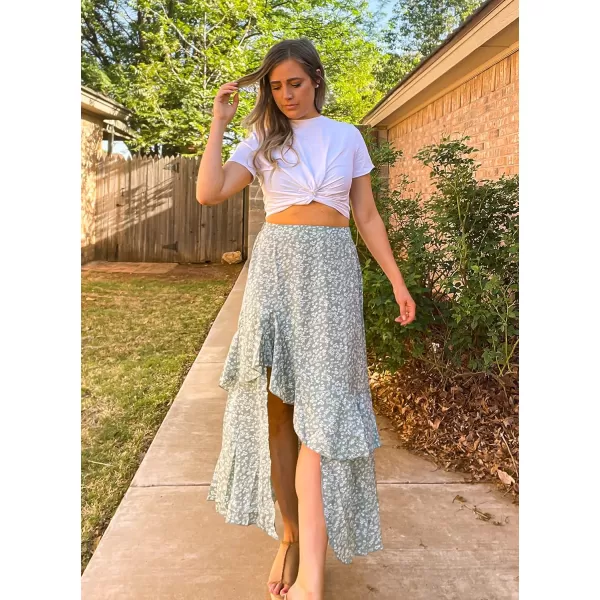 imageBTFBM Women 2023 Summer Spring Boho Long Skirts Dress Floral Print Elastic Waist Split Ruffle High Low Beach Maxi SkirtPrint Floral Green