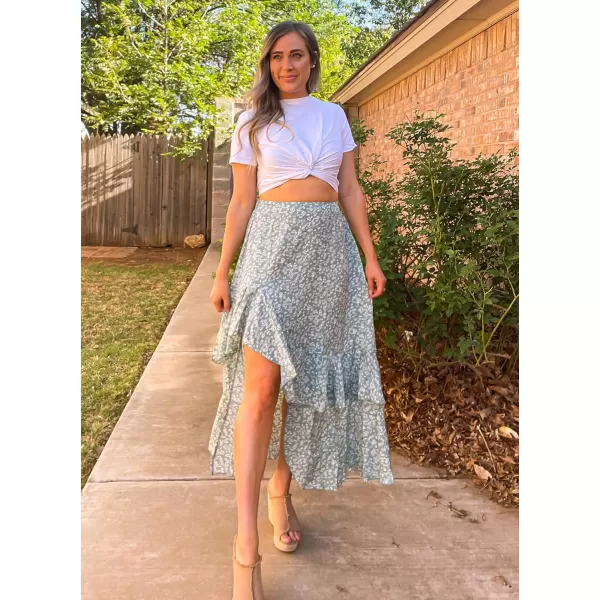 imageBTFBM Women 2023 Summer Spring Boho Long Skirts Dress Floral Print Elastic Waist Split Ruffle High Low Beach Maxi SkirtPrint Floral Green