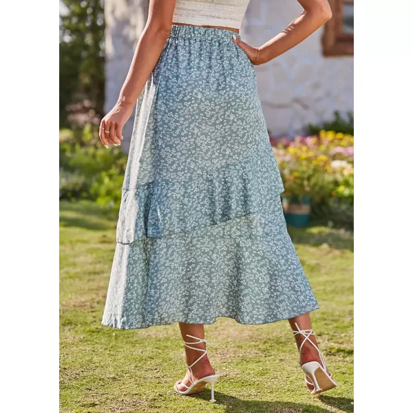 imageBTFBM Women 2023 Summer Spring Boho Long Skirts Dress Floral Print Elastic Waist Split Ruffle High Low Beach Maxi SkirtPrint Floral Green