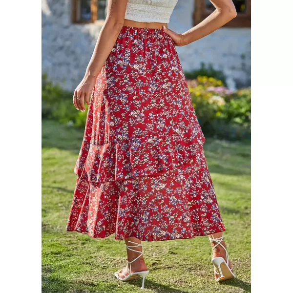 imageBTFBM Women 2023 Summer Spring Boho Long Skirts Dress Floral Print Elastic Waist Split Ruffle High Low Beach Maxi SkirtPrint Floral Red