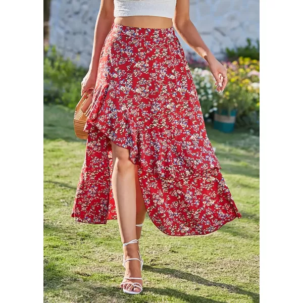 imageBTFBM Women 2023 Summer Spring Boho Long Skirts Dress Floral Print Elastic Waist Split Ruffle High Low Beach Maxi SkirtPrint Floral Red